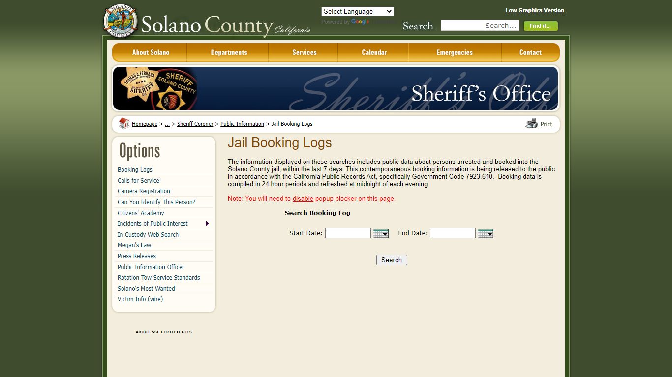 Solano County Jail Booking Logs